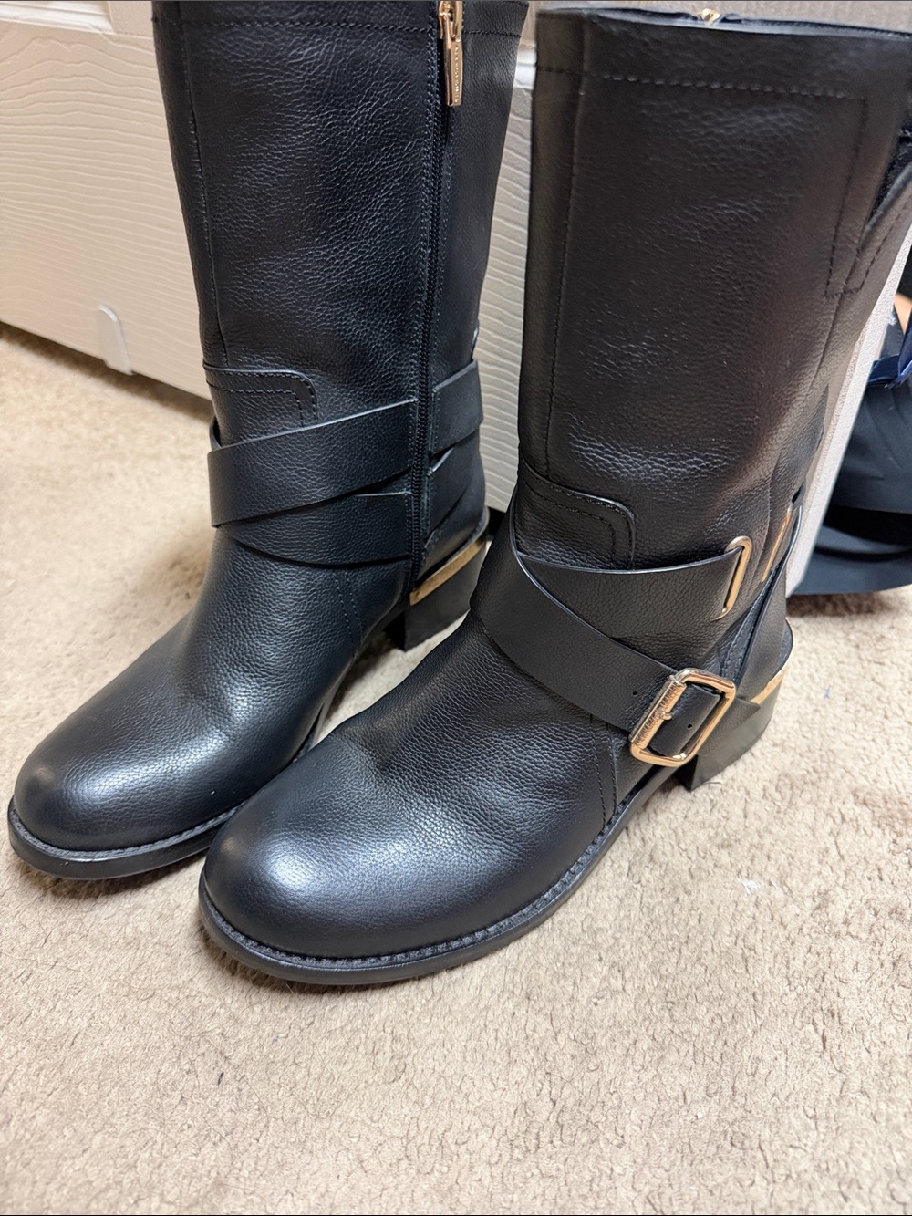 Vince Camuto Black Leather Mid-Calf Buckle Boots